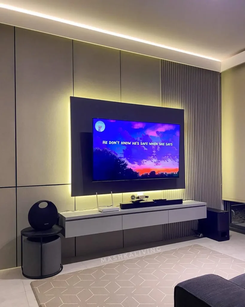 Custom wall panel minimalist TV backdrop TV cabinet.•••• interiordesign interiordesignjakar