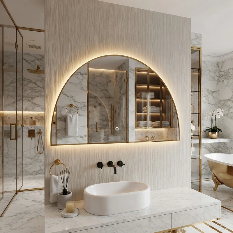 Elevate Your Wall with a Statement Mirror DesignThe Framed Half Moon Backlight Wall Bathroom Mir