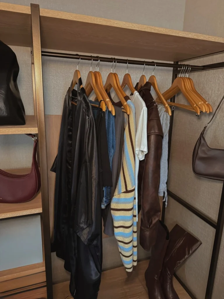 Open closet with hanging rods