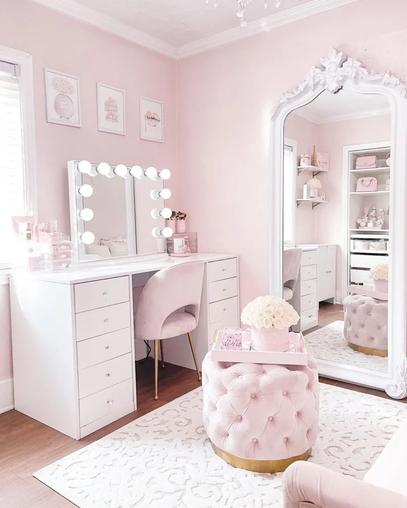 16 Vintage Vanity Ideas to Elevate Your Beauty Space 33 Vintage Vanity With Velvet Stools