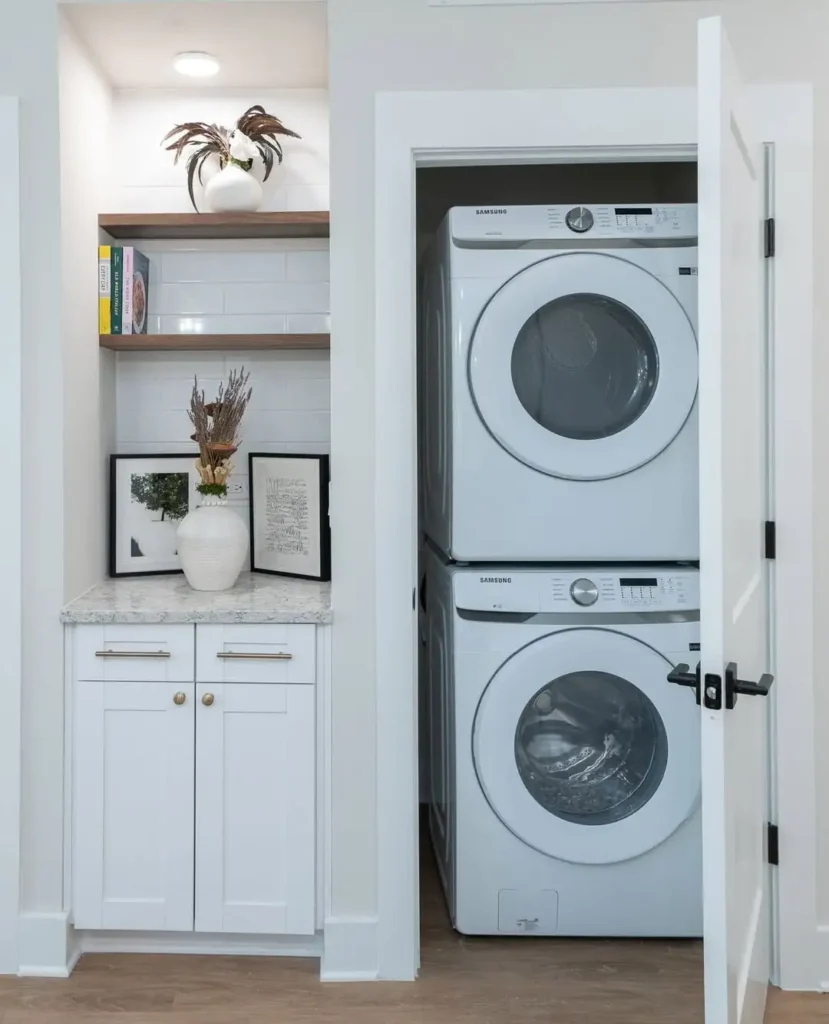 17 Laundry Closet Ideas to Transform Small Spaces 1 Stacked Washer Dryer Closet